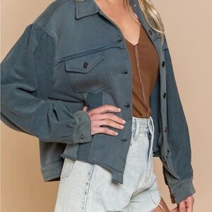 POL Mineral Washed Blue/Green Terry Utility Jacket - Women's